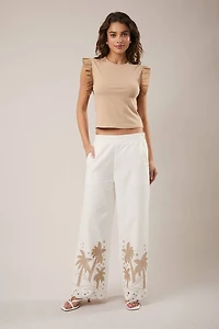 White Palm Tree Embroidered Linen Pants