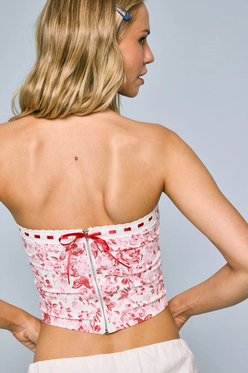 Red Floral Lace Trim Tube Crop Top
