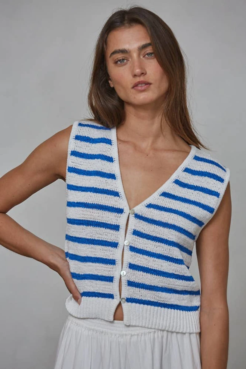 White Striped Button Up Vest Top