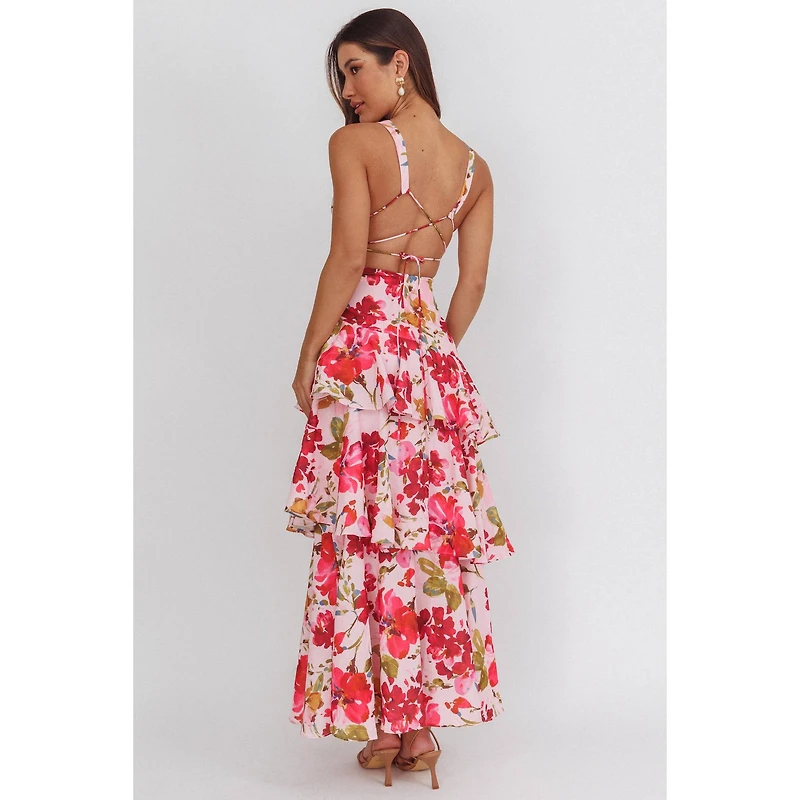 Pink Floral V-neck Tiered Maxi Dress