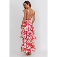 Pink Floral V-neck Tiered Maxi Dress