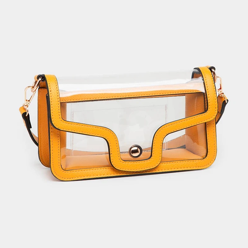 Solid Faux Leather Transparent Rectangle Shoulder Bag: Tan