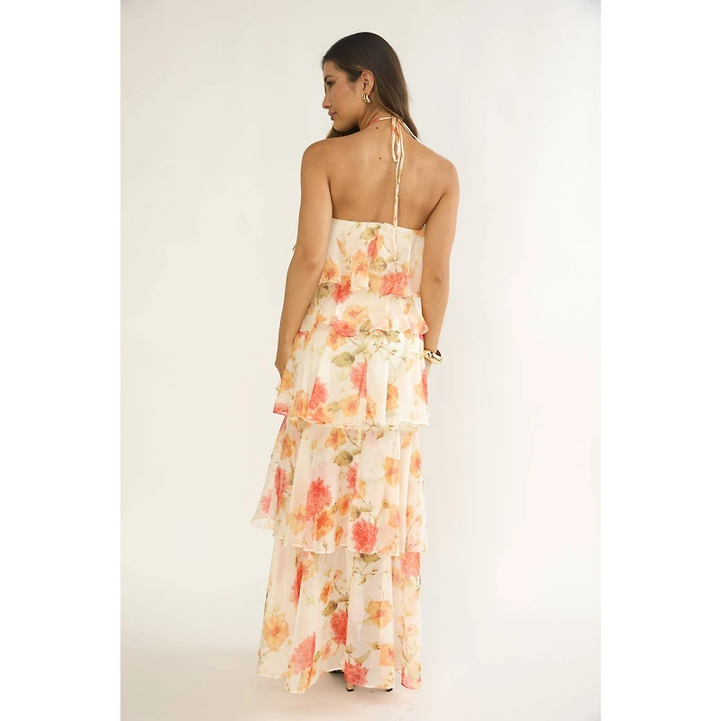 Orange Floral Halter Tiered Maxi Dress