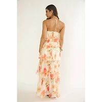 Orange Floral Halter Tiered Maxi Dress
