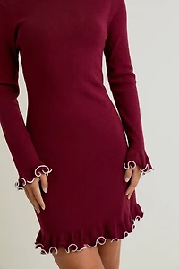 Burgundy Boat Neck Ruffle Hem Sweater Dress