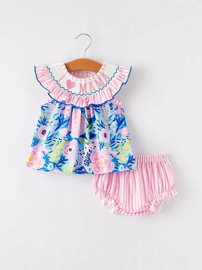 “I Love MAMA”Embroidery Smocking Baby Girls Bloomers Set