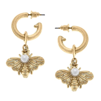 Martine Bee & Pearl Drop Hoop Earrings in Worn Gold