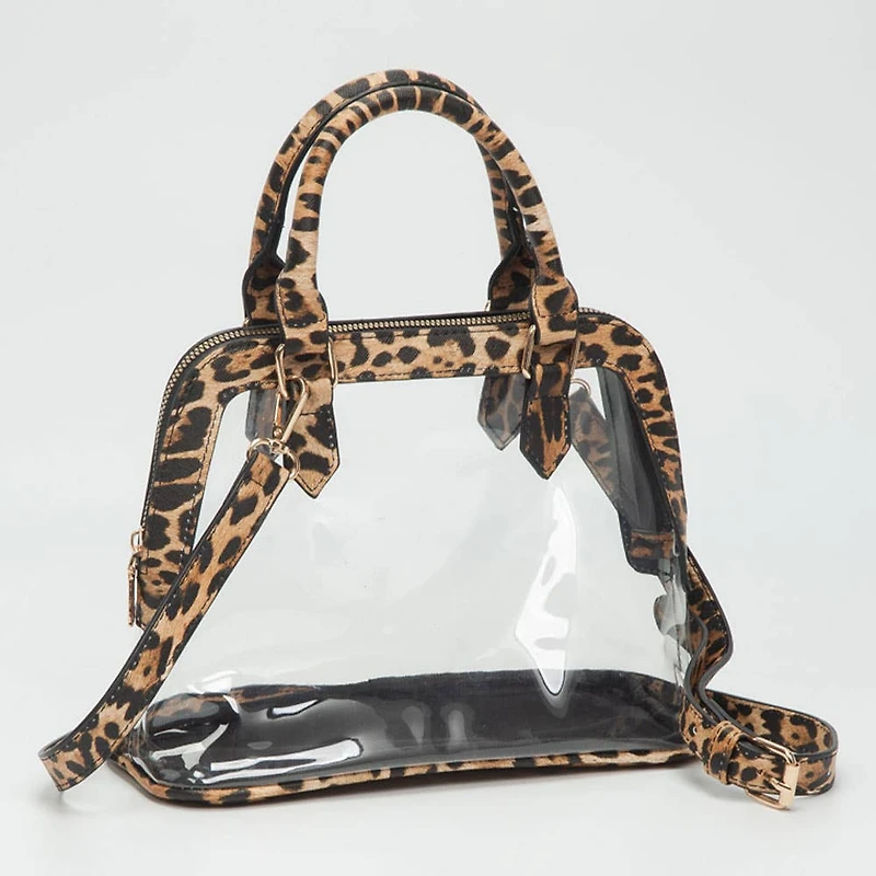 Faux Leather Trim Transparent Structured Top Handle Handbag / Crossbody Bag: Clear, Black