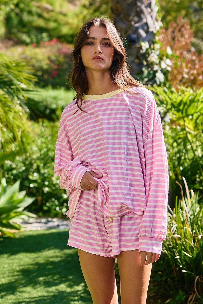 Pink Striped Knit Top & Shorts Set
