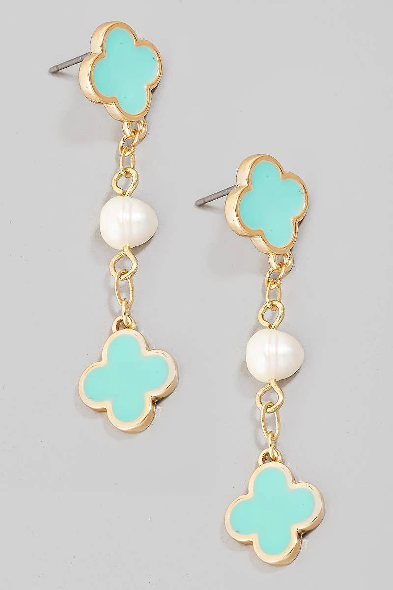 Clover And Fresh Water Pearl Dangle Chain Earrings