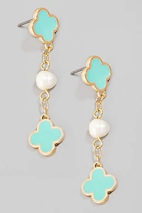 Clover And Fresh Water Pearl Dangle Chain Earrings