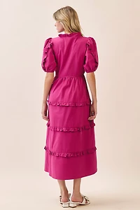 Pink Drawstring Waist Tiered Ruffle Dress