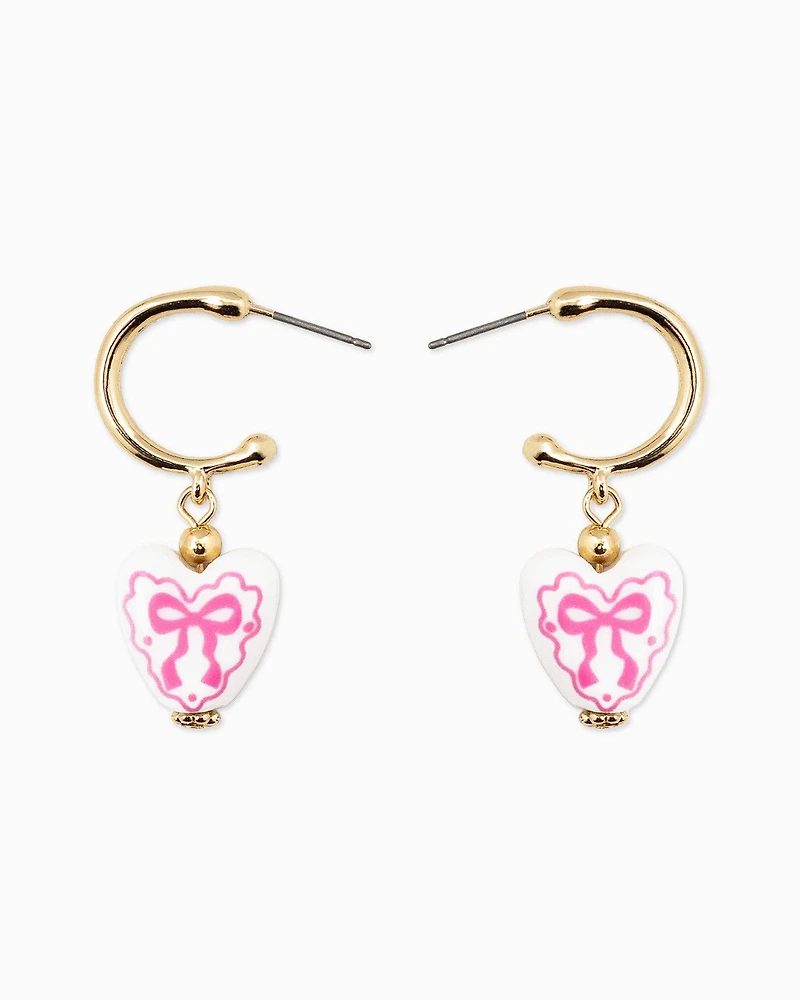 Pink Ceramic Heart Bow Graphic Drop Hoop Earrings