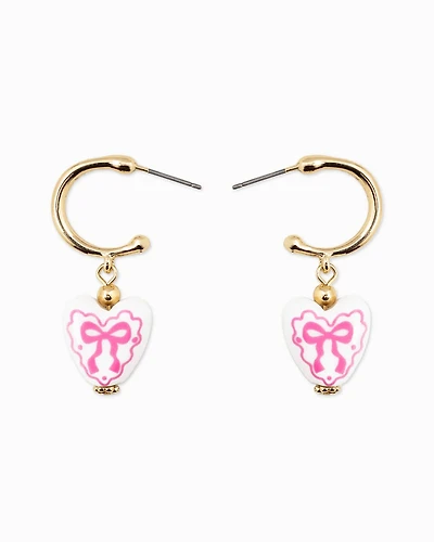Pink Ceramic Heart Bow Graphic Drop Hoop Earrings