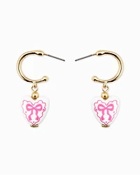 Pink Ceramic Heart Bow Graphic Drop Hoop Earrings