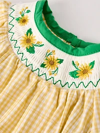 Yellow Plaid Floral Smocking Embroidered Baby Girl Romper