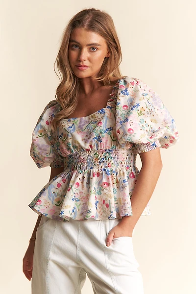 Blue Ruched Floral Top