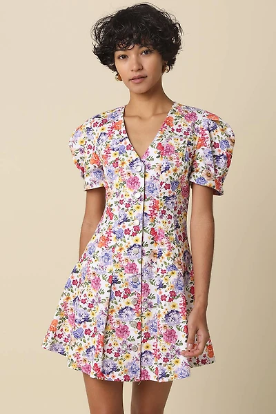 White Floral Puff-Sleeve Dress