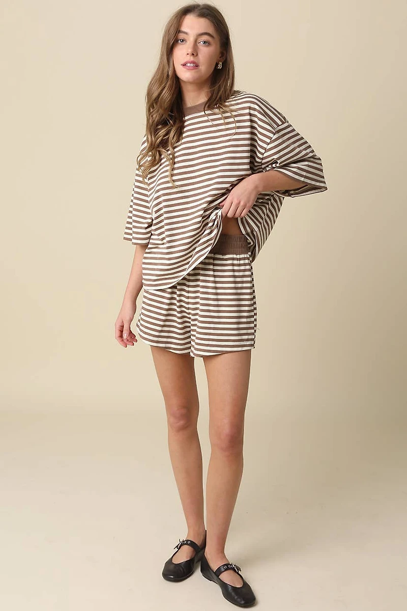 Brown & Cream Striped Elastic-Waist Shorts
