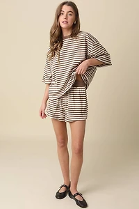 Brown & Cream Striped Elastic-Waist Shorts