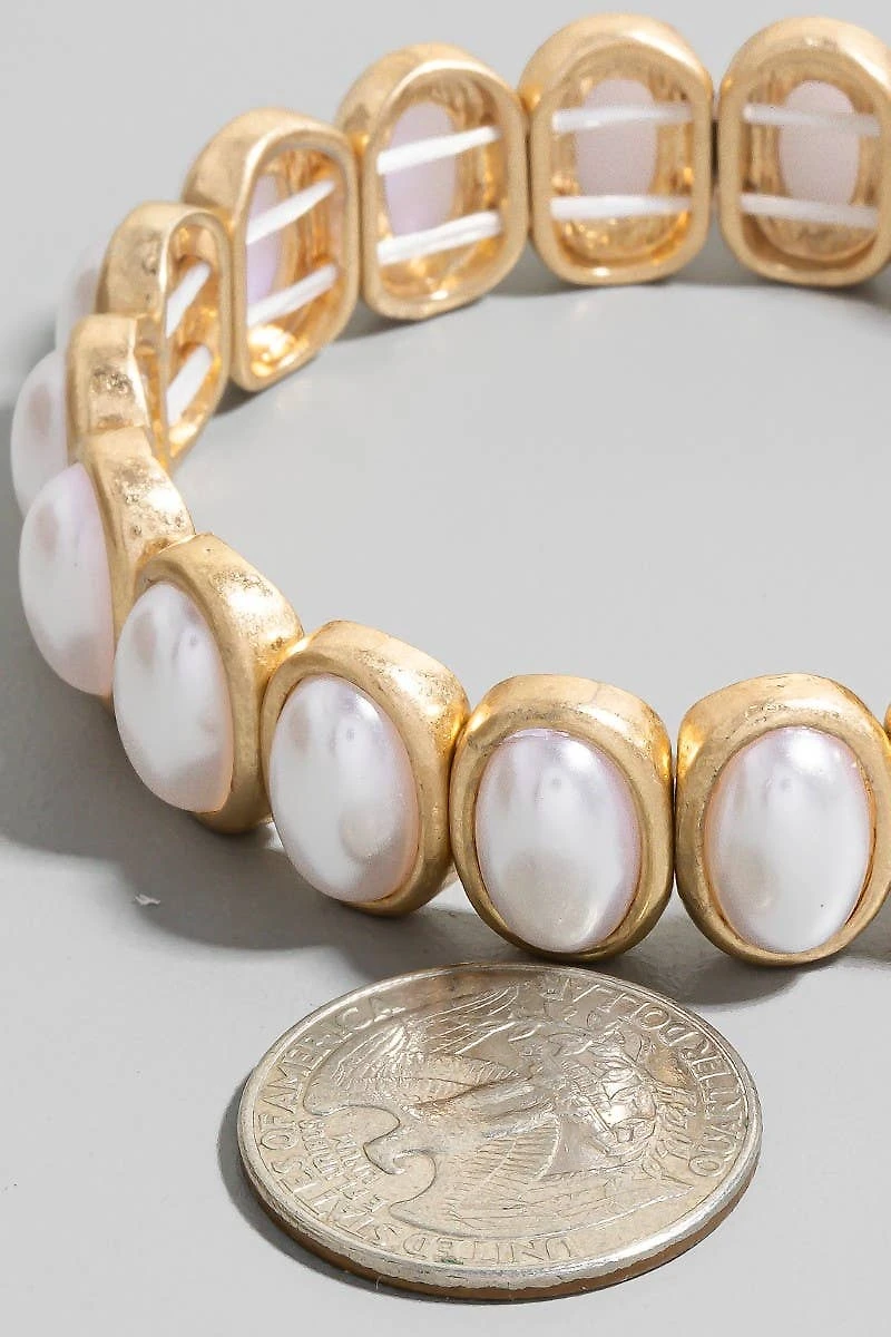 Metallic Set Oval Pearl Beads Elastic Bracelet