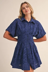Navy Eyelet Pleated Mini Dress