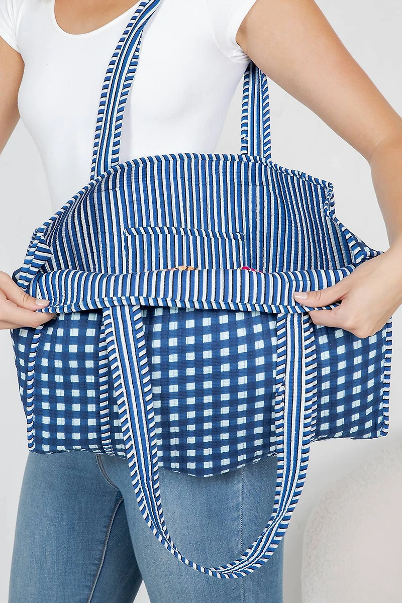 Blue Checkered Quilted Tote Bag