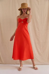 Orange Linen Front Twist Midi Dress