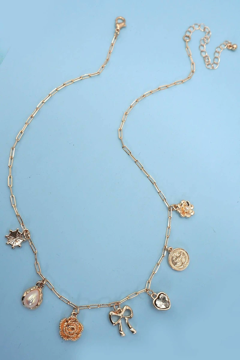 BOW HEART FLOWER CHARM LINK CHAIN NECKLACE | 80N91475