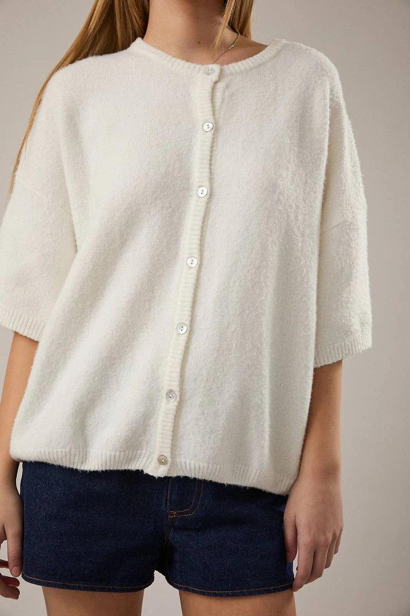 White Short Sleeve Sweater Cardigan