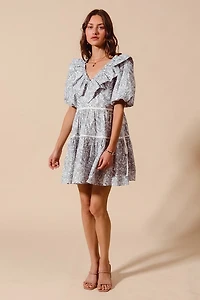 Off White & Navy Printed Ruffle V-Neckline Dress