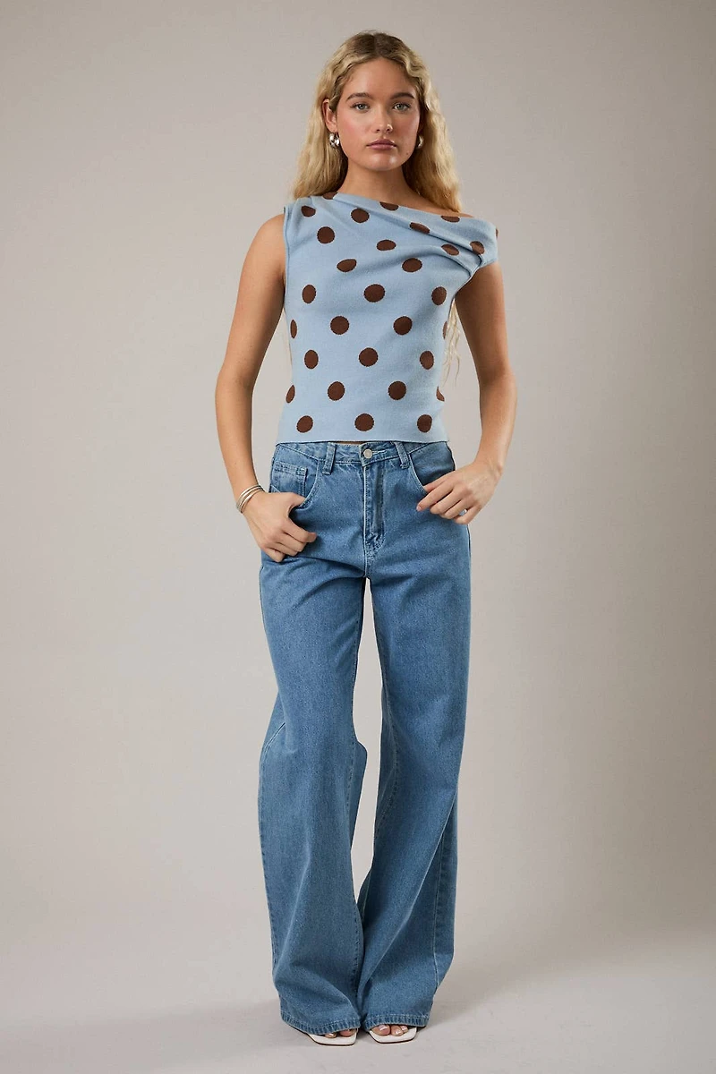 Blue & Brown Polka Dot Asymmetrical Top