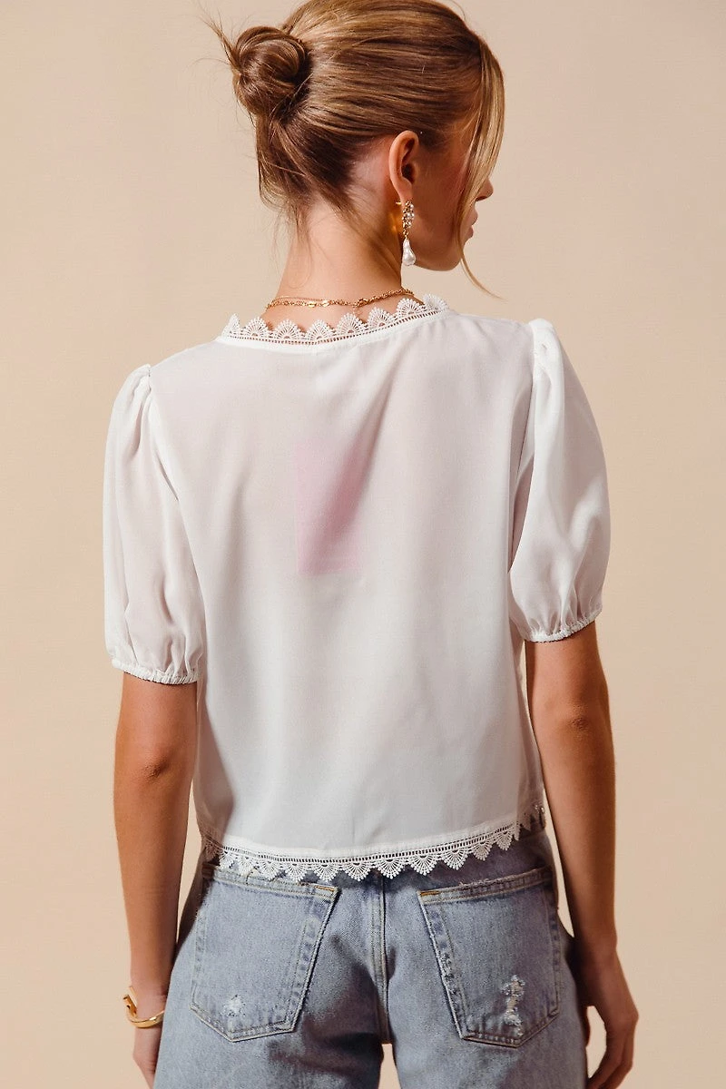 White Scalloped Trim Tie Top