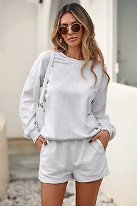 Grey & Pink Bow Embroidered Pullover Shorts Set