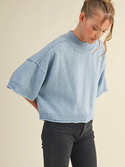 Blue Mock Neck Short Sleeve Sweater