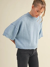 Blue Mock Neck Short Sleeve Sweater