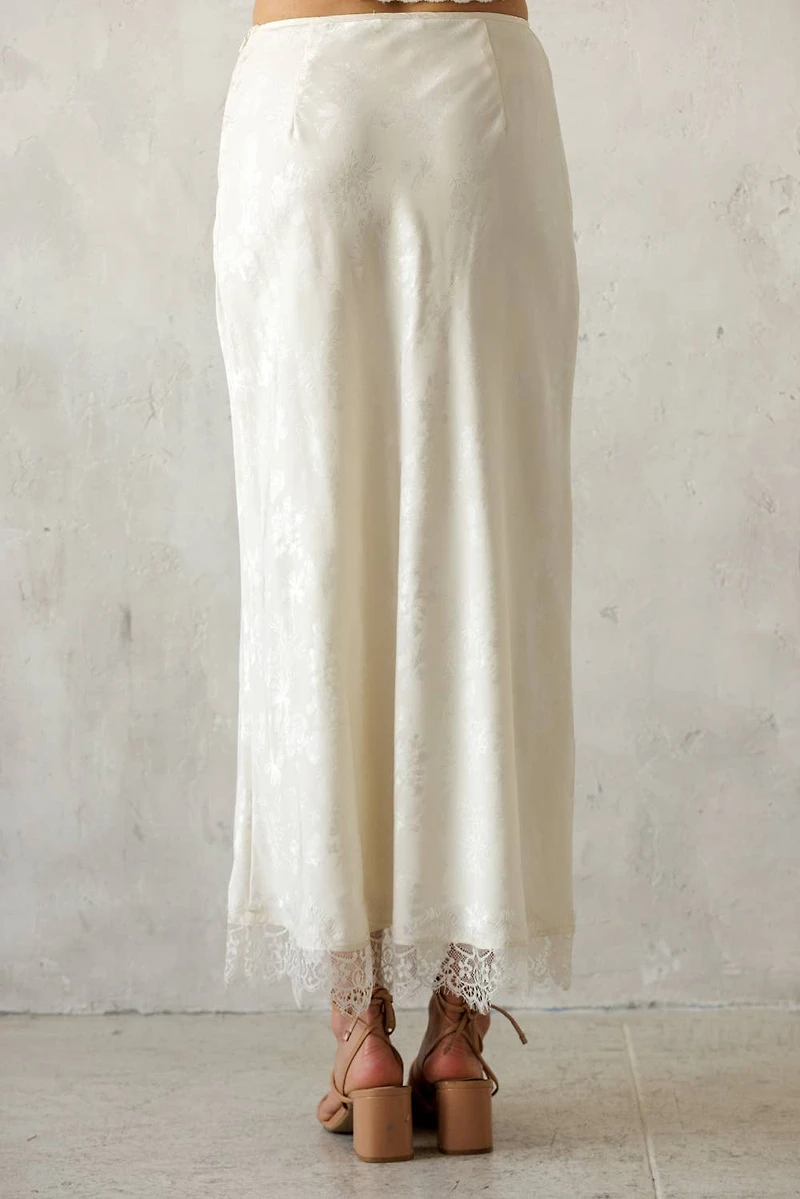 Ivory Satin Lace Trim Midi Skirt
