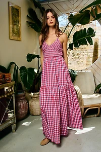 Red Gingham Smocked Maxi Dress