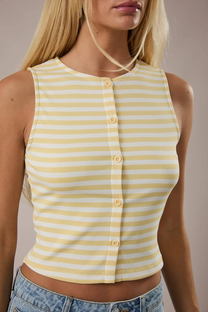 Yellow Sleeveless High Neck Stripe Top