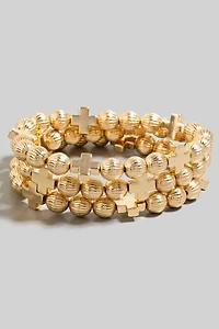 Textured Beads And Cross Charms Bracelet Set