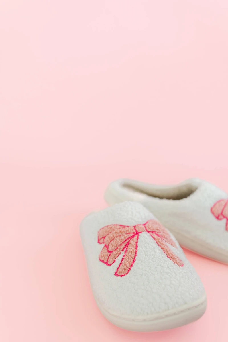 Fuzzy Plush Slippers with Pink Bow
