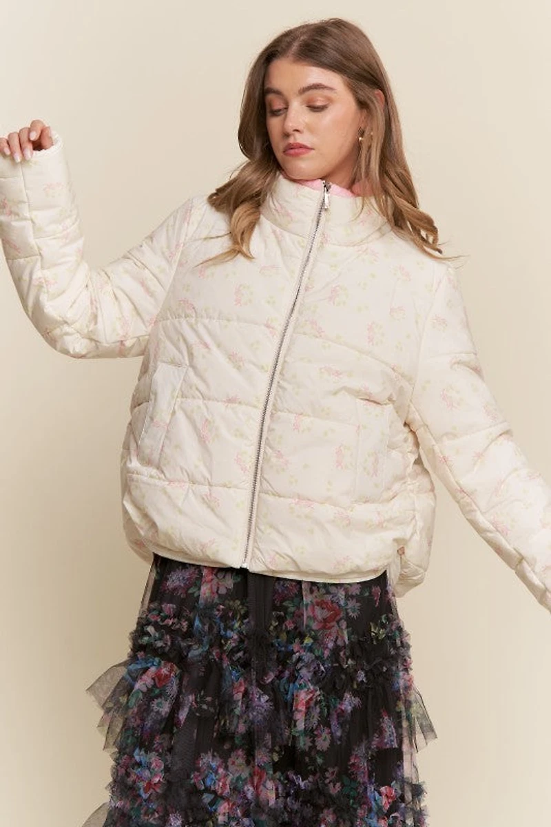 Cream Floral Bow Puffer Jacket
