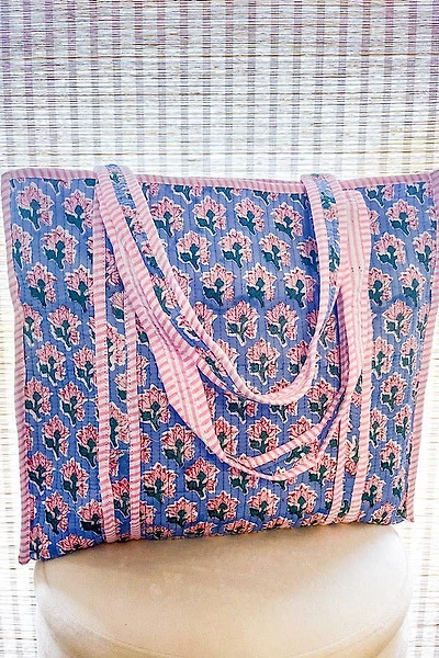 Sybil Blue and Pink Floral Tote Bag