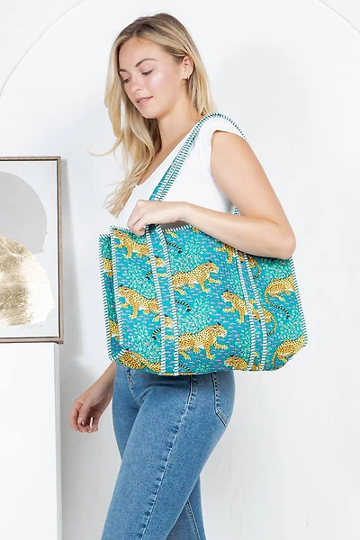 Green Cheetah Reversible Quilted Tote Bag