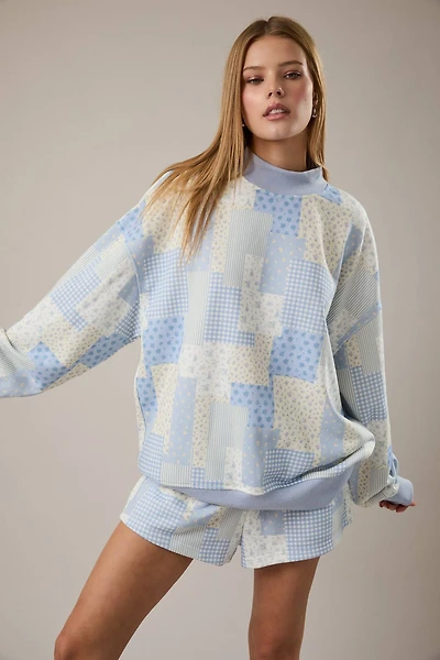 Blue Patchwork Print Mockneck