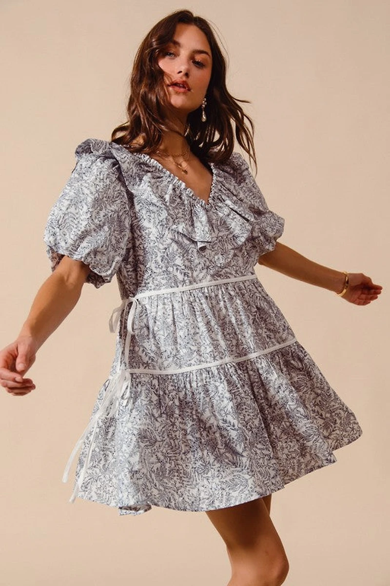 Off White & Navy Printed Ruffle V-Neckline Dress