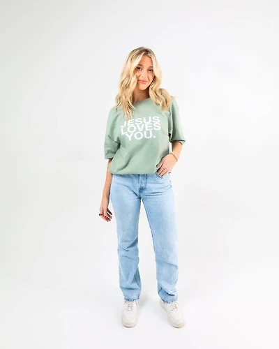 Linen/Spruce Jesus Loves You Tee