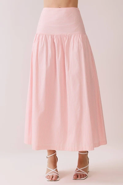 Pink Striped Drop Waist Midi Skirt