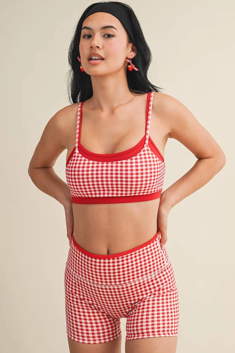 Red Gingham Layered Sports Bra