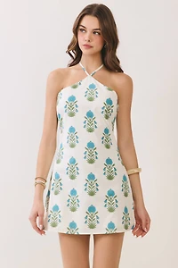 Cream Floral Halter Neck Mini Dress
